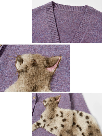 OuttheBlue Cozy Thick Embroidered Casual Loose Cardigan Taro Purple Wool Blend Sweater