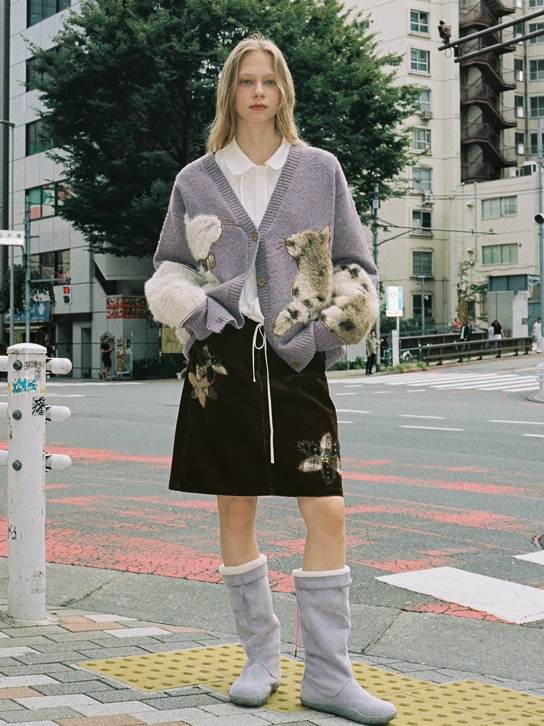 OuttheBlue Cozy Thick Embroidered Casual Loose Cardigan Taro Purple Wool Blend Sweater