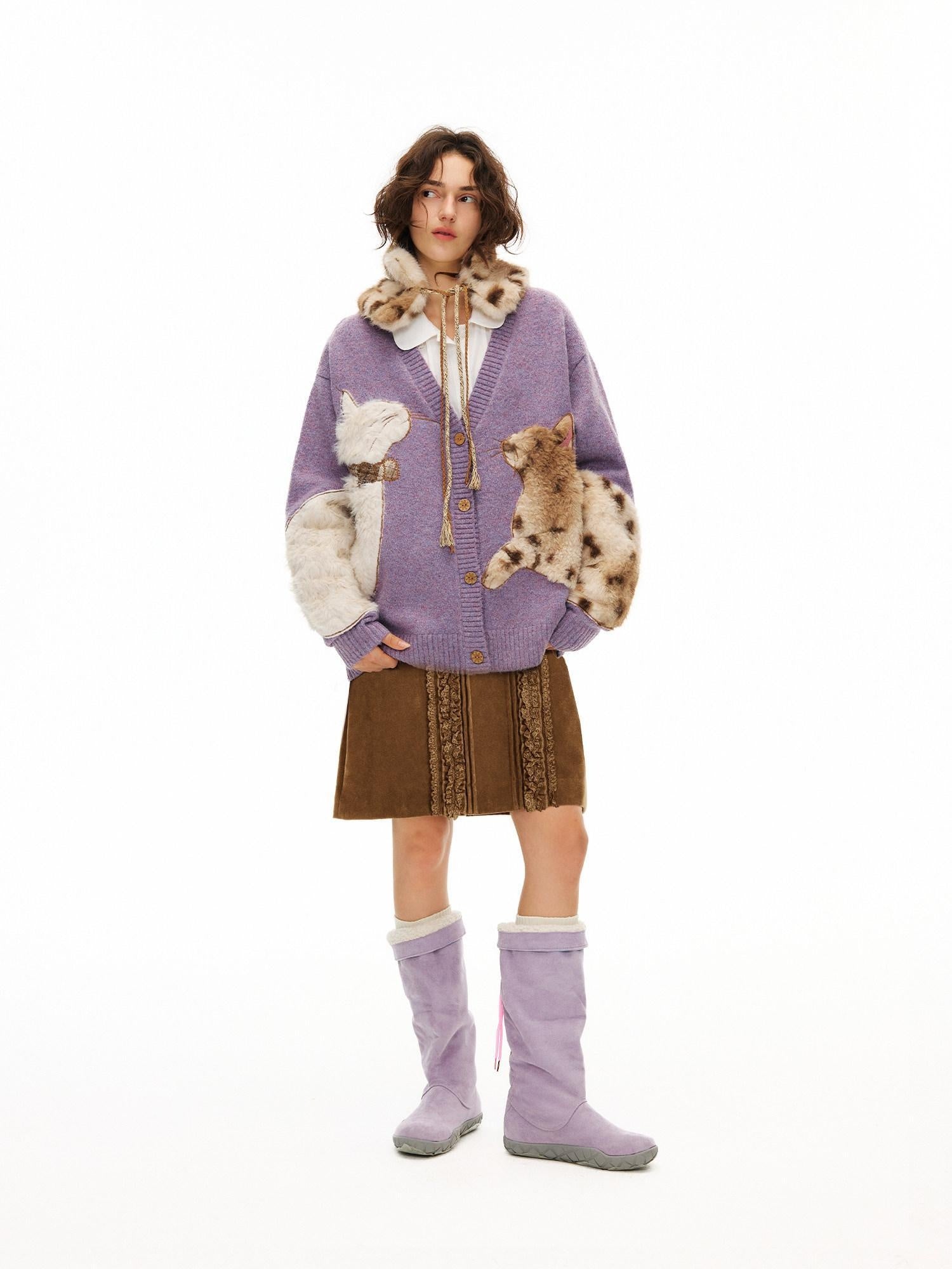 OuttheBlue Cozy Thick Embroidered Oversized Casual Women Lavender Knitwear Cardigans