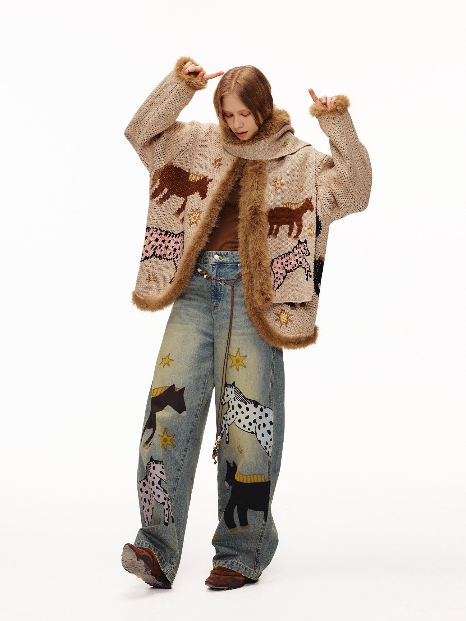 OuttheBlue Cozy Thick Jacquard Relaxed Fit Casual Women Animal Button Cardigan Sweater