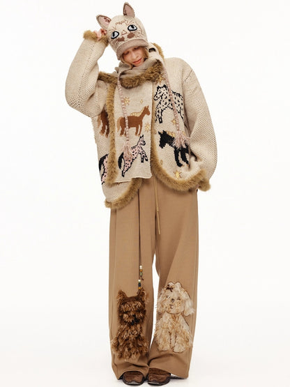 OuttheBlue Cozy Thick Jacquard Relaxed Fit Casual Women Animal Button Cardigan Sweater