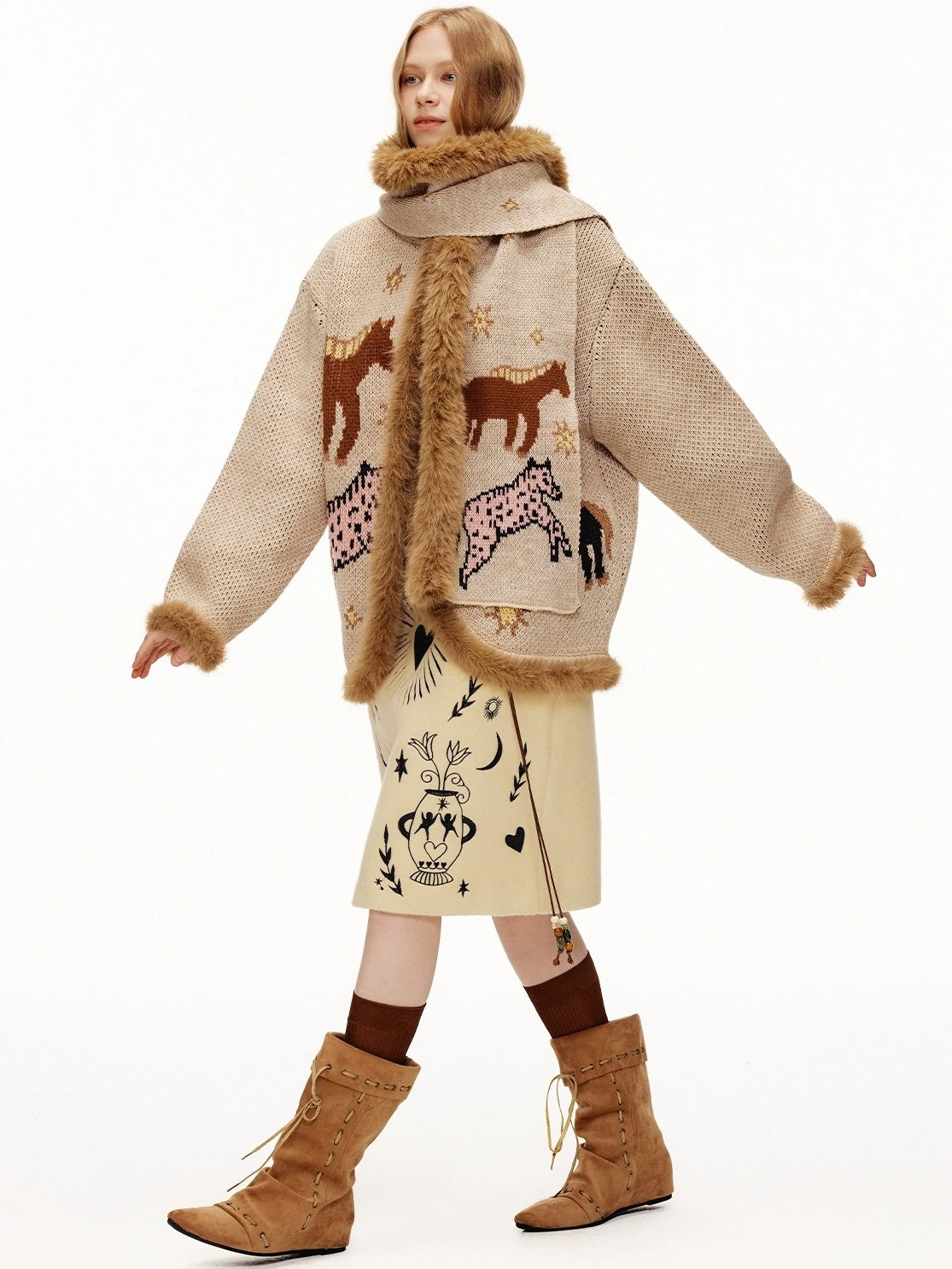 OuttheBlue Cozy Thick Jacquard Relaxed Fit Casual Women Animal Button Cardigan Sweater