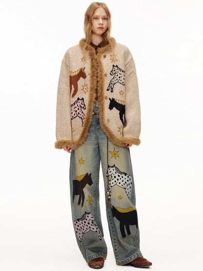 OuttheBlue Cozy Thick Jacquard Relaxed Fit Casual Women Animal Button Cardigan Sweater