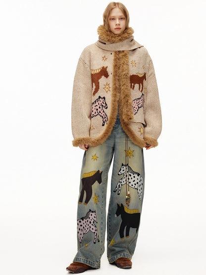 OuttheBlue Cozy Thick Jacquard Relaxed Fit Casual Women Animal Button Cardigan Sweater