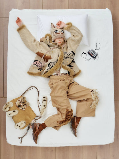 OuttheBlue Cozy Thick Jacquard Relaxed Fit Casual Women Animal Button Cardigan Sweater