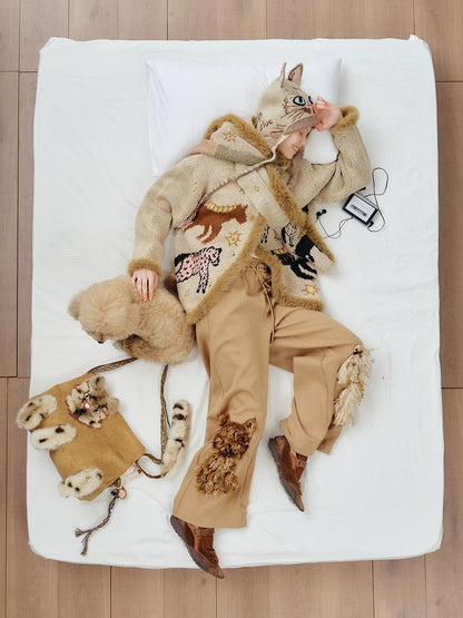 OuttheBlue Cozy Thick Jacquard Relaxed Fit Casual Women Animal Button Cardigan Sweater