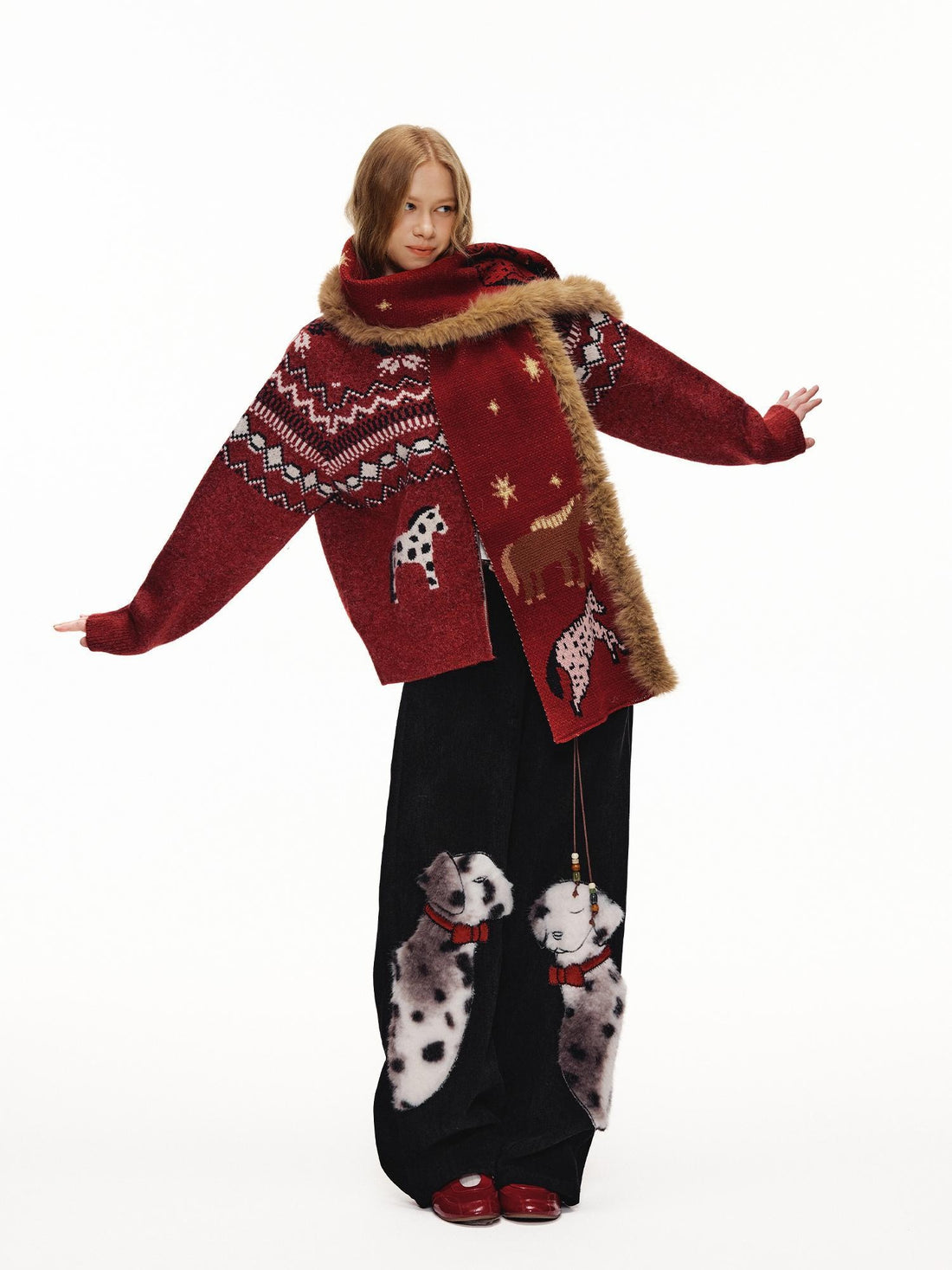 OuttheBlue Cozy Thick Zip Up Jacquard Cardigan Loose Fit Women Burgundy Animal Sweater