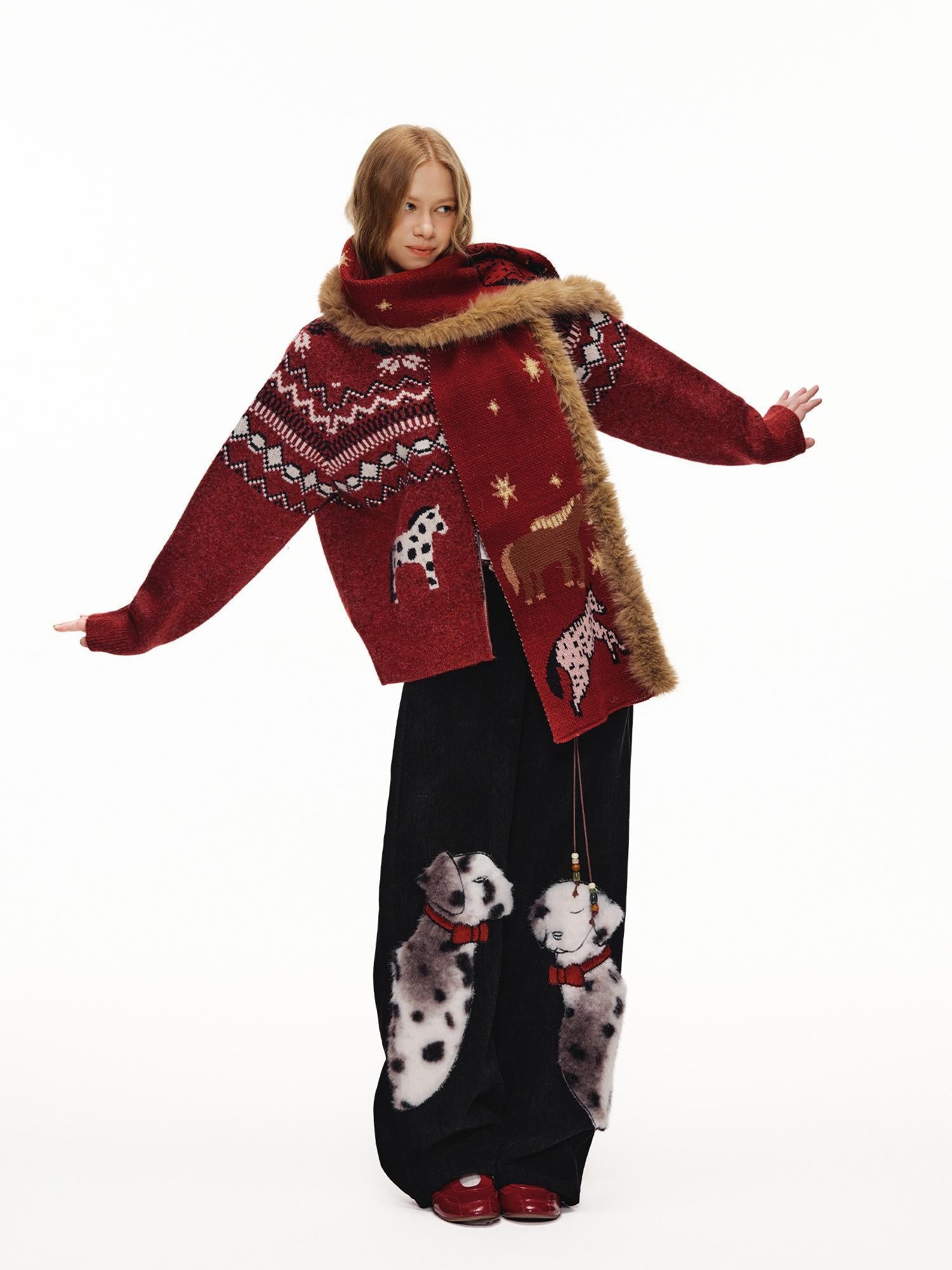 OuttheBlue Cozy Thick Zip Up Jacquard Cardigan Loose Fit Women Burgundy Animal Sweater