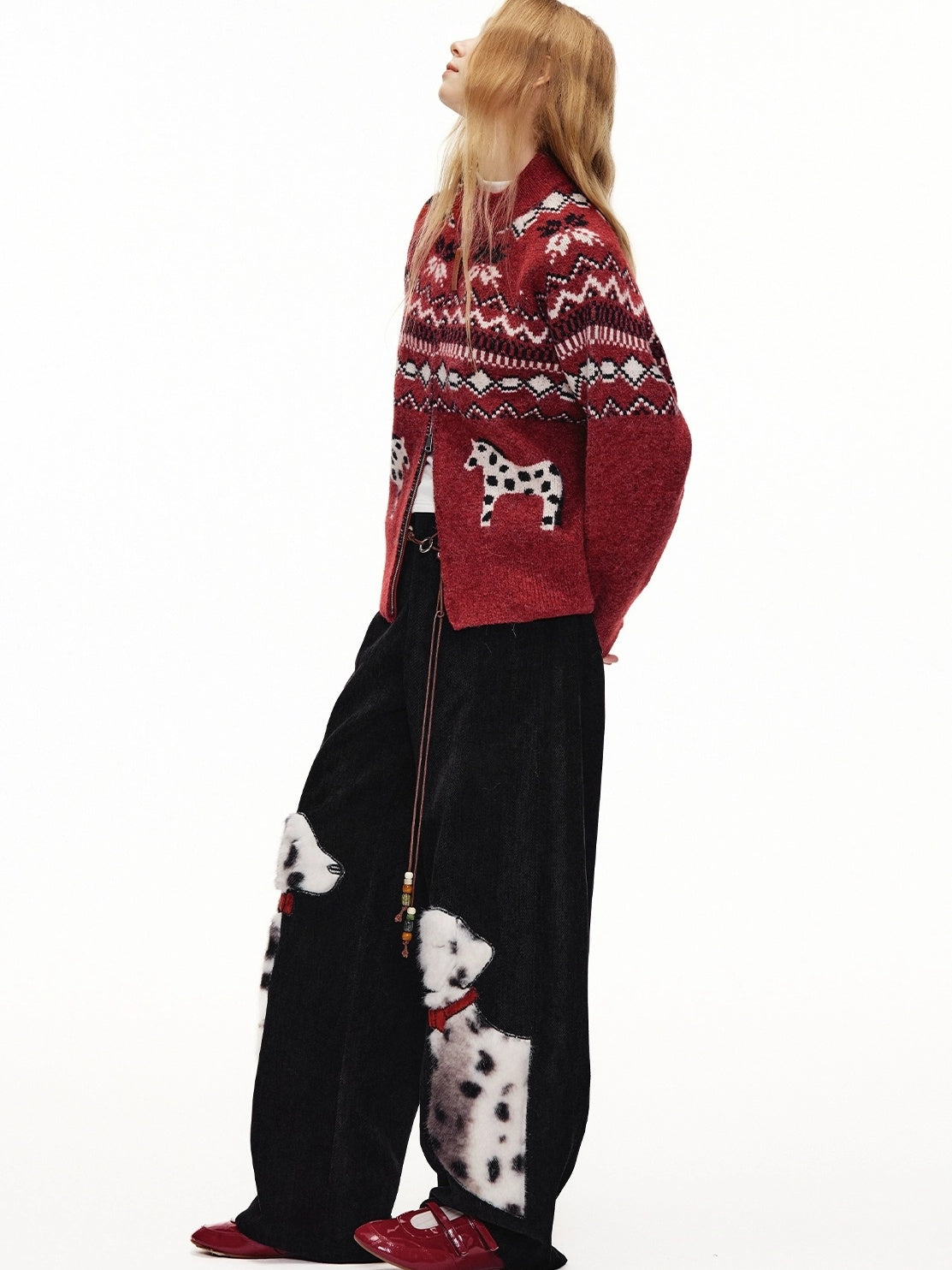 OuttheBlue Cozy Thick Zip Up Jacquard Cardigan Loose Fit Women Burgundy Animal Sweater