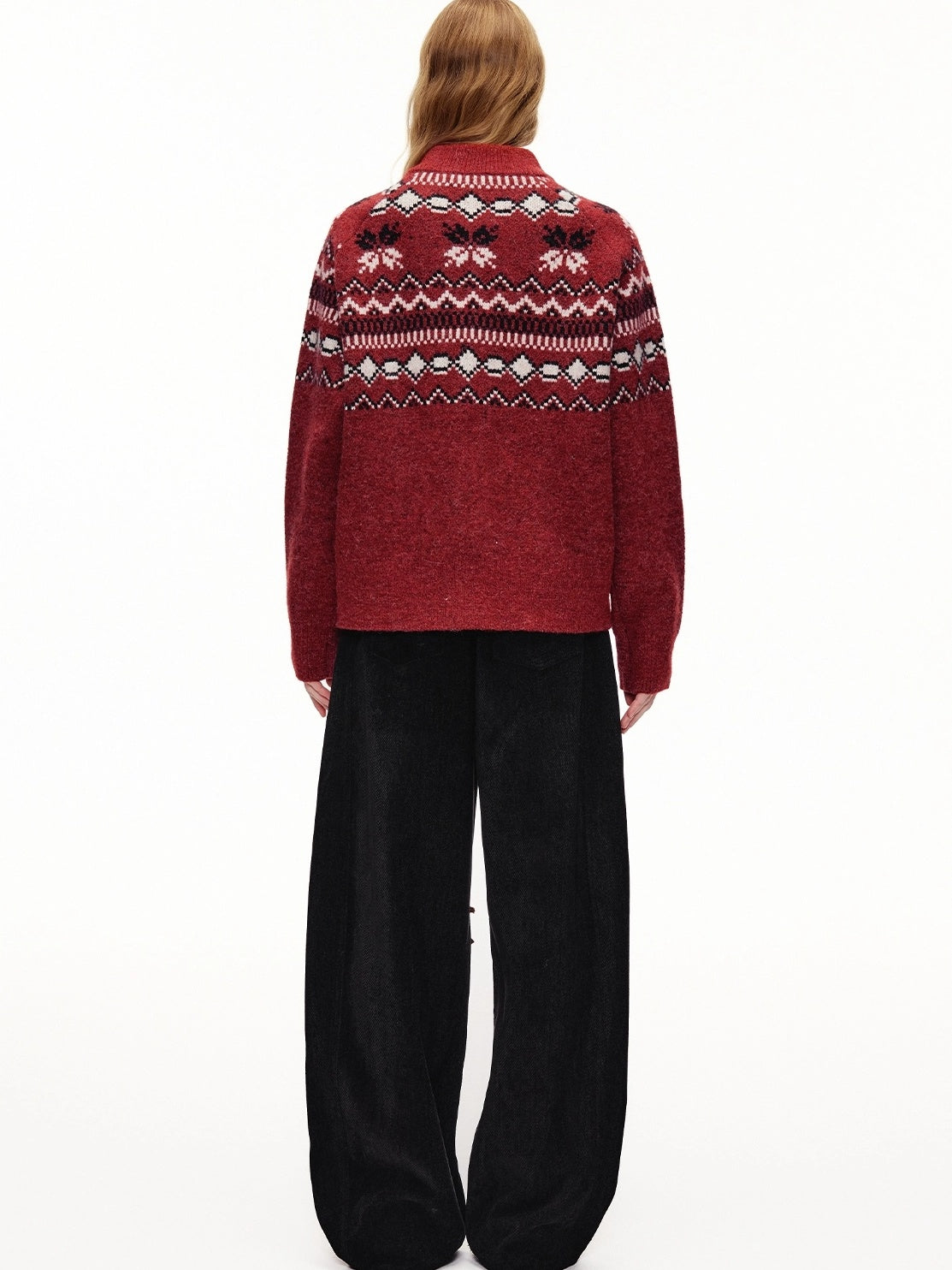 OuttheBlue Cozy Thick Zip Up Jacquard Cardigan Loose Fit Women Burgundy Animal Sweater