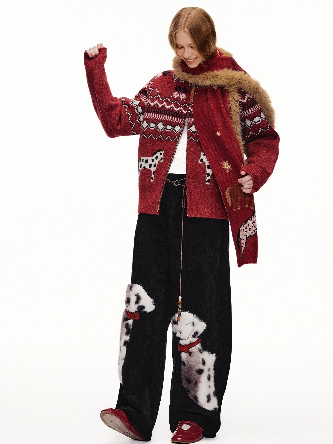 OuttheBlue Cozy Thick Zip Up Jacquard Cardigan Loose Fit Women Burgundy Animal Sweater