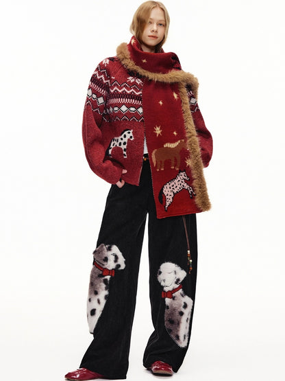 OuttheBlue Cozy Thick Zip Up Jacquard Cardigan Loose Fit Women Burgundy Animal Sweater