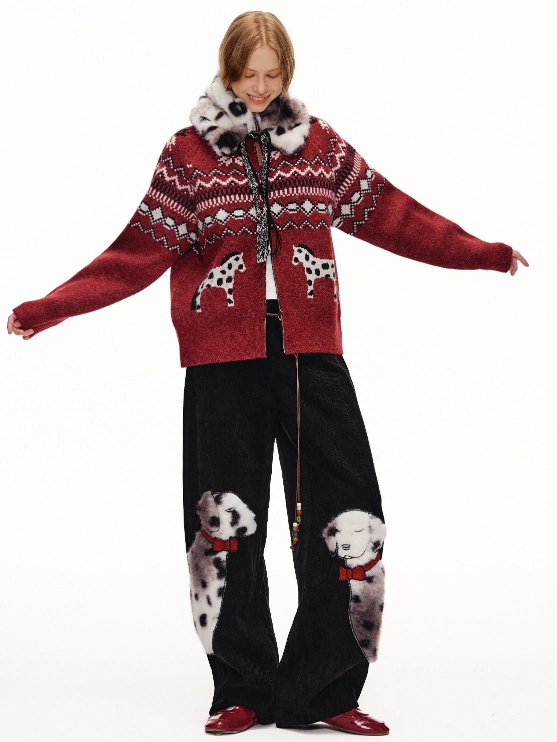 OuttheBlue Cozy Thick Zip Up Jacquard Cardigan Loose Fit Women Burgundy Animal Sweater