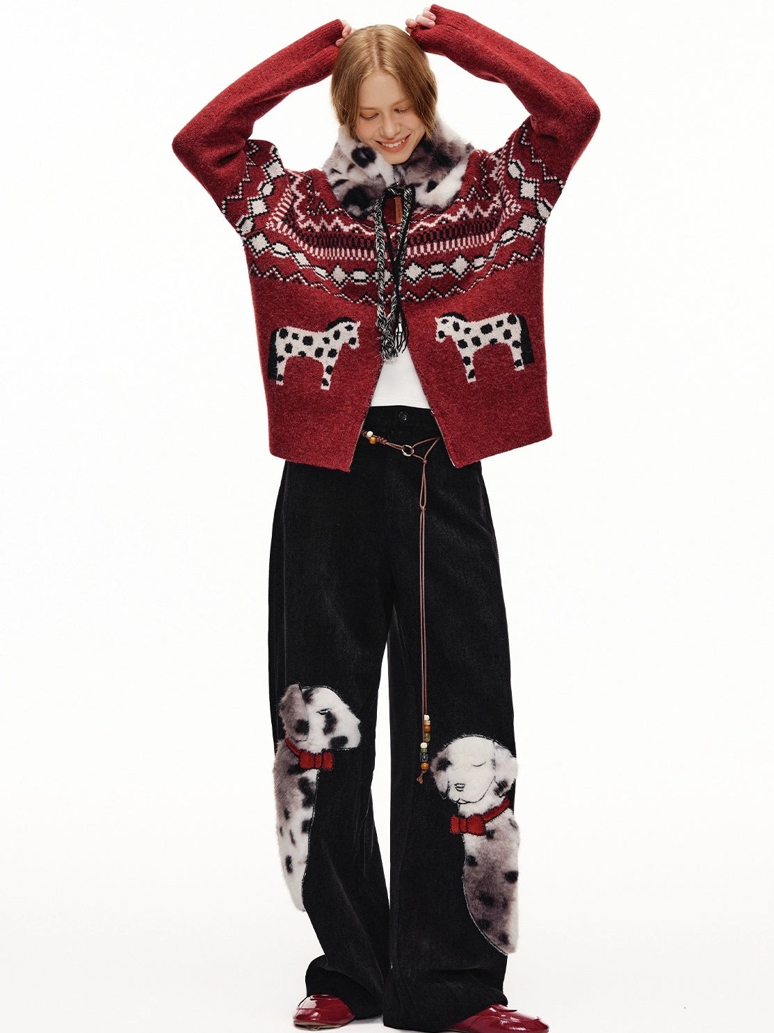 OuttheBlue Cozy Thick Zip Up Jacquard Cardigan Loose Fit Women Burgundy Animal Sweater