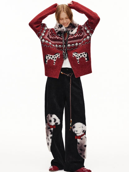 OuttheBlue Cozy Thick Zip Up Jacquard Cardigan Loose Fit Women Burgundy Animal Sweater