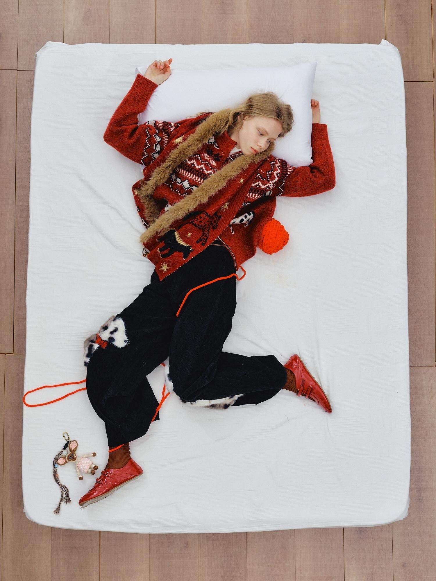 OuttheBlue Cozy Thick Zip Up Jacquard Cardigan Loose Fit Women Burgundy Animal Sweater