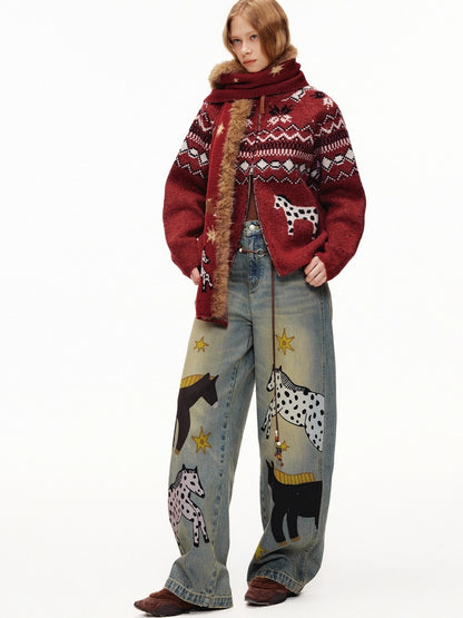 OuttheBlue Cozy Thick Zip Up Jacquard Cardigan Loose Fit Women Burgundy Animal Sweater