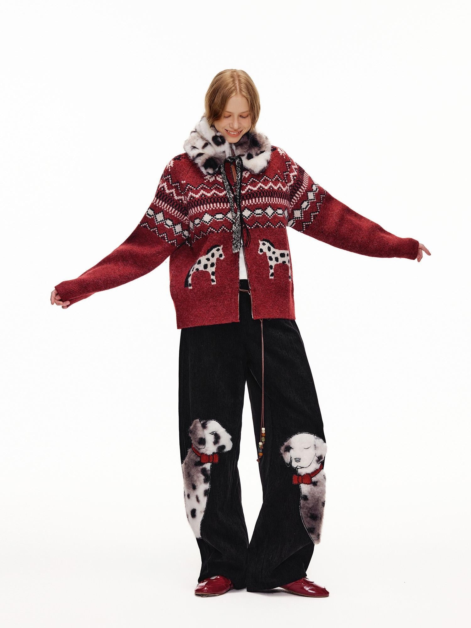 OuttheBlue Cozy Thick Zip Up Jacquard Cardigan Loose Fit Women Burgundy Animal Sweater