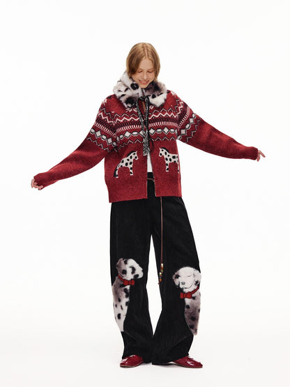 OuttheBlue Cozy Thick Zip Up Jacquard Cardigan Loose Fit Women Burgundy Animal Sweater