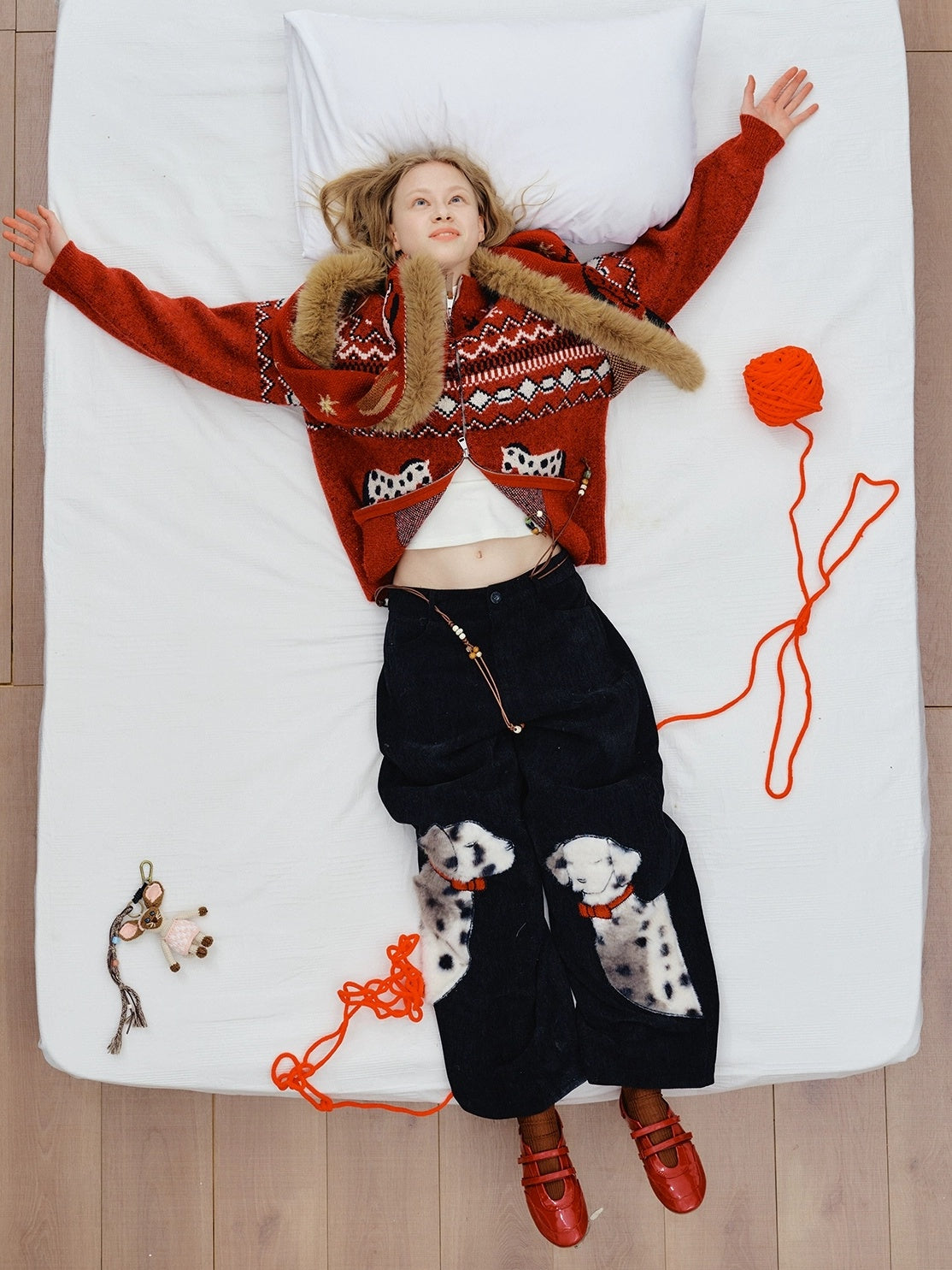 OuttheBlue Cozy Thick Zip Up Jacquard Cardigan Loose Fit Women Burgundy Animal Sweater