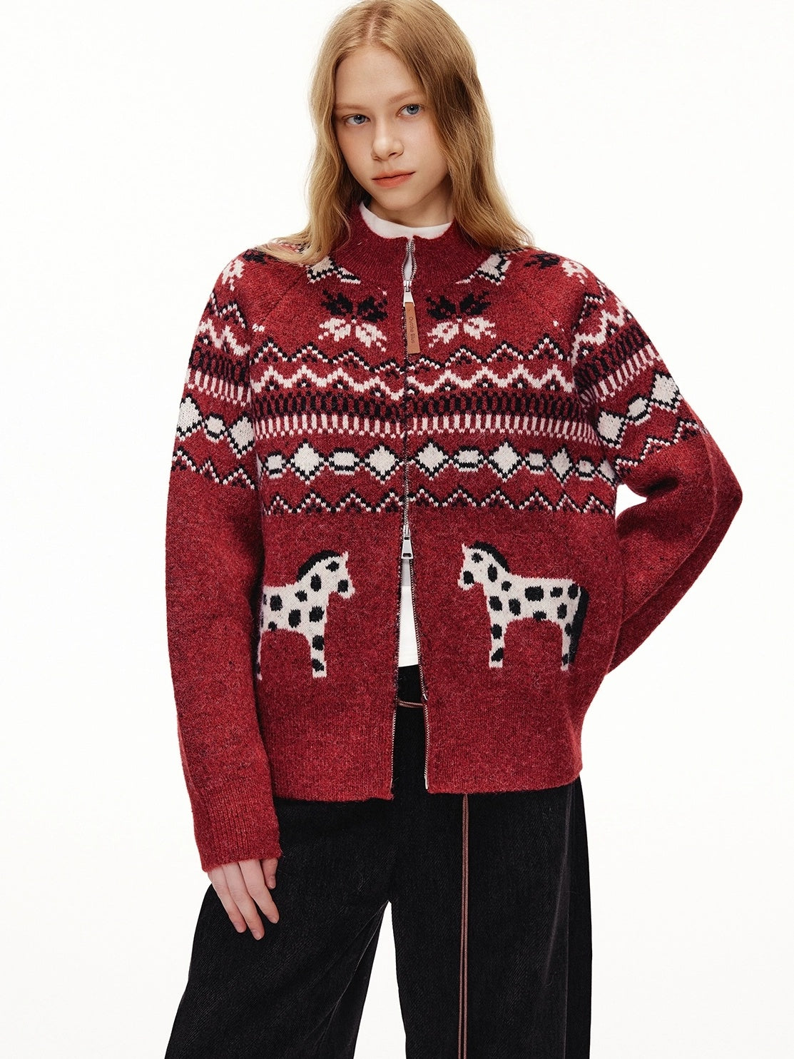 OuttheBlue Cozy Thick Zip Up Jacquard Cardigan Loose Fit Women Burgundy Animal Sweater