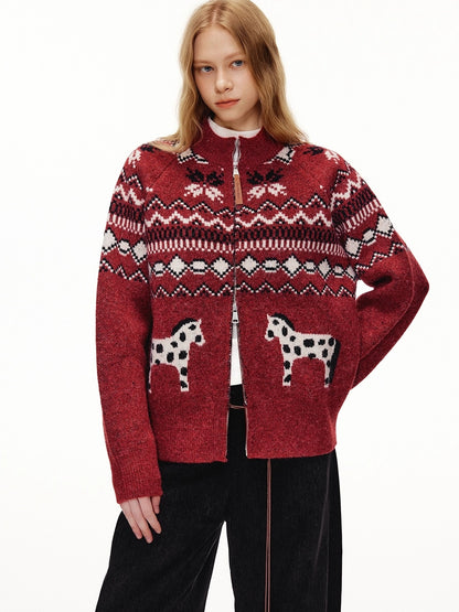 OuttheBlue Cozy Thick Zip Up Jacquard Cardigan Loose Fit Women Burgundy Animal Sweater