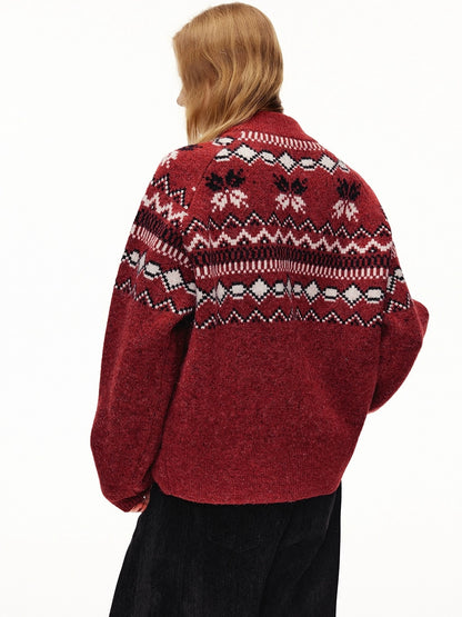 OuttheBlue Cozy Thick Zip Up Jacquard Cardigan Loose Fit Women Burgundy Animal Sweater