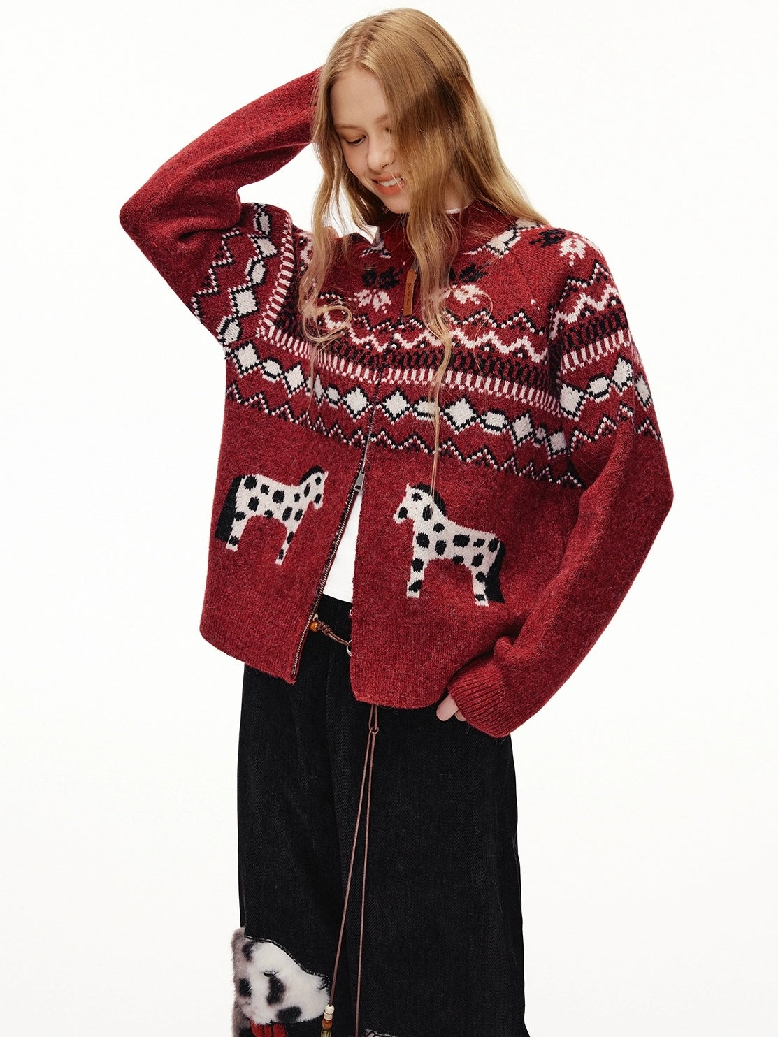 OuttheBlue Cozy Thick Zip Up Jacquard Cardigan Loose Fit Women Burgundy Animal Sweater