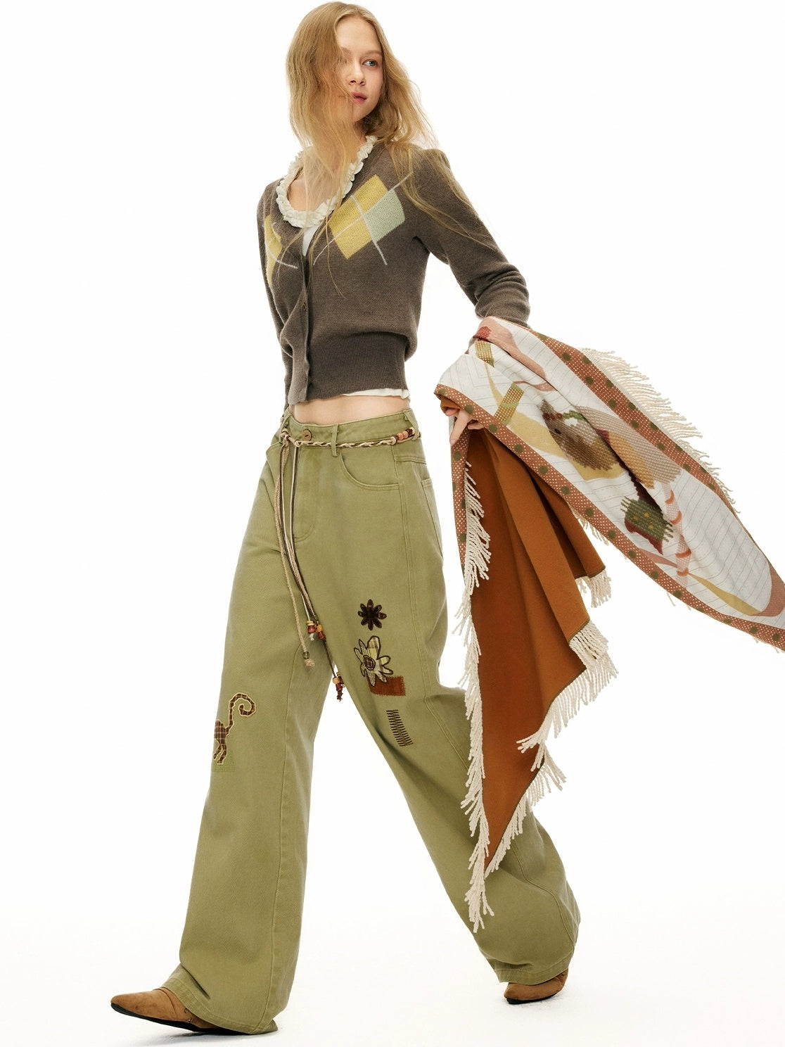 OuttheBlue Cozy Warm Rectangular Geometric Unisex Youth Leaf Orange 100 Polyester Scarf