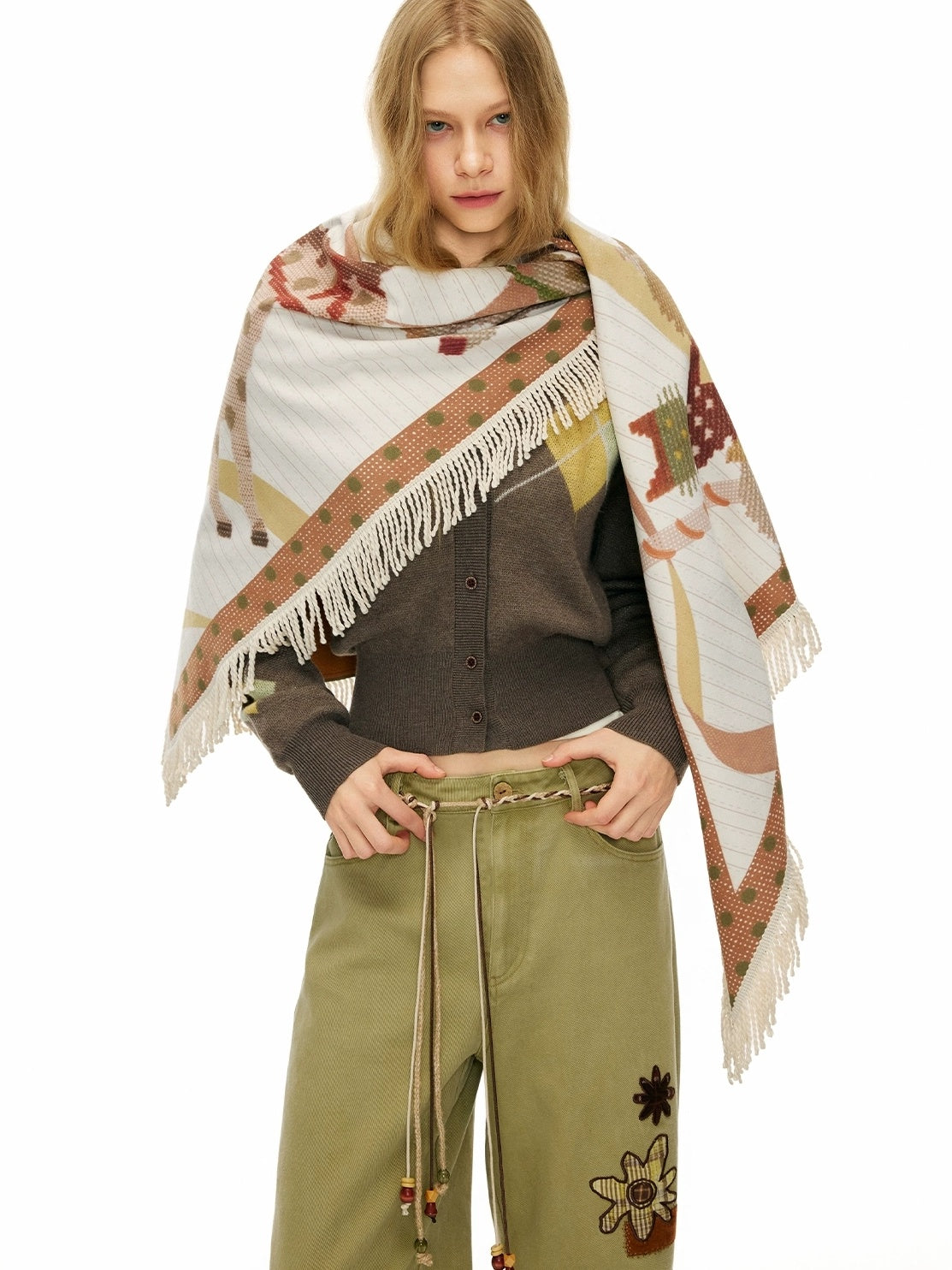 OuttheBlue Cozy Warm Rectangular Geometric Unisex Youth Leaf Orange 100 Polyester Scarf