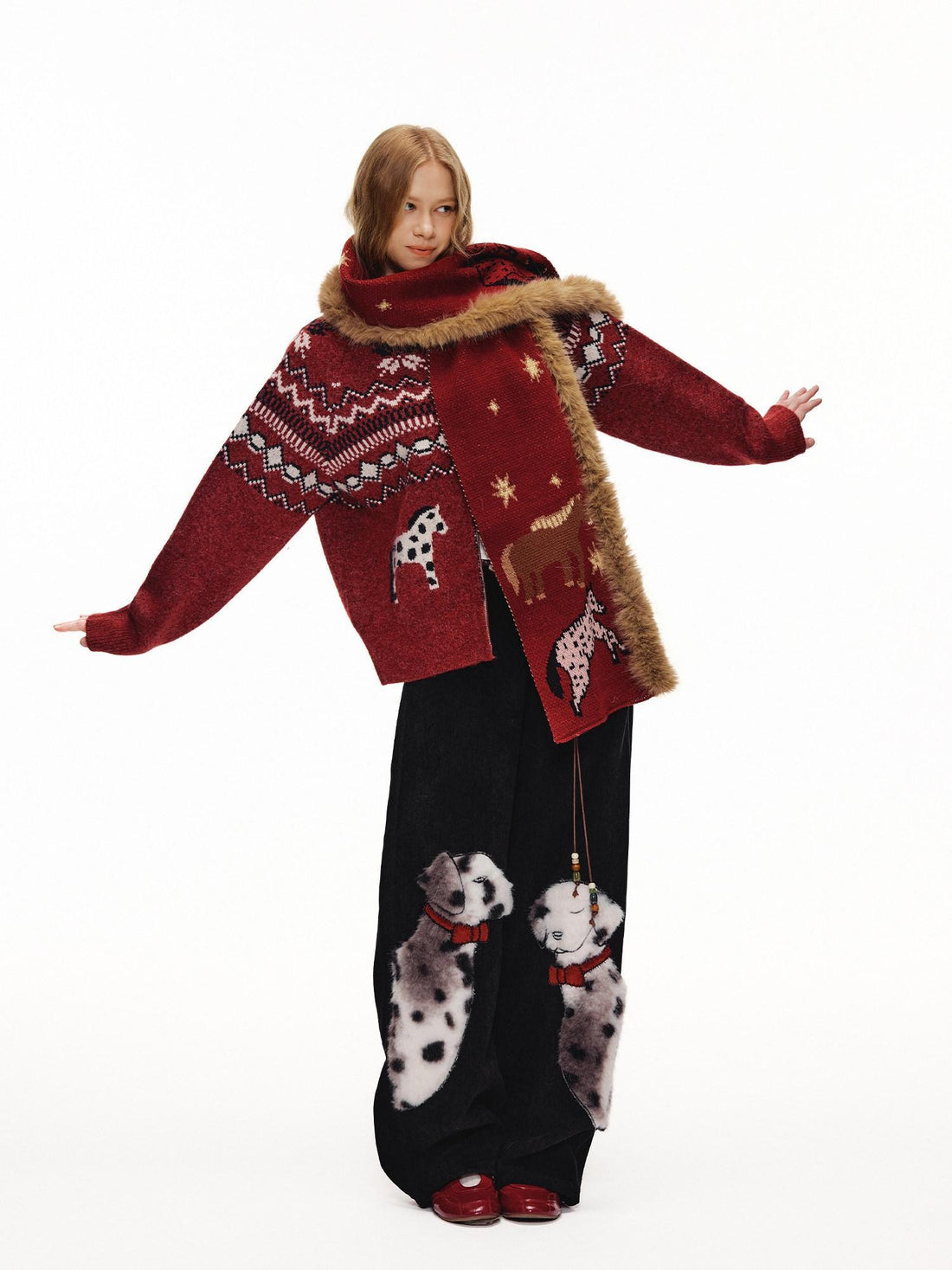 OuttheBlue Cozy Warm Relaxed Fit Jacquard High Neck Zipper Women Burgundy Knit Cardigans