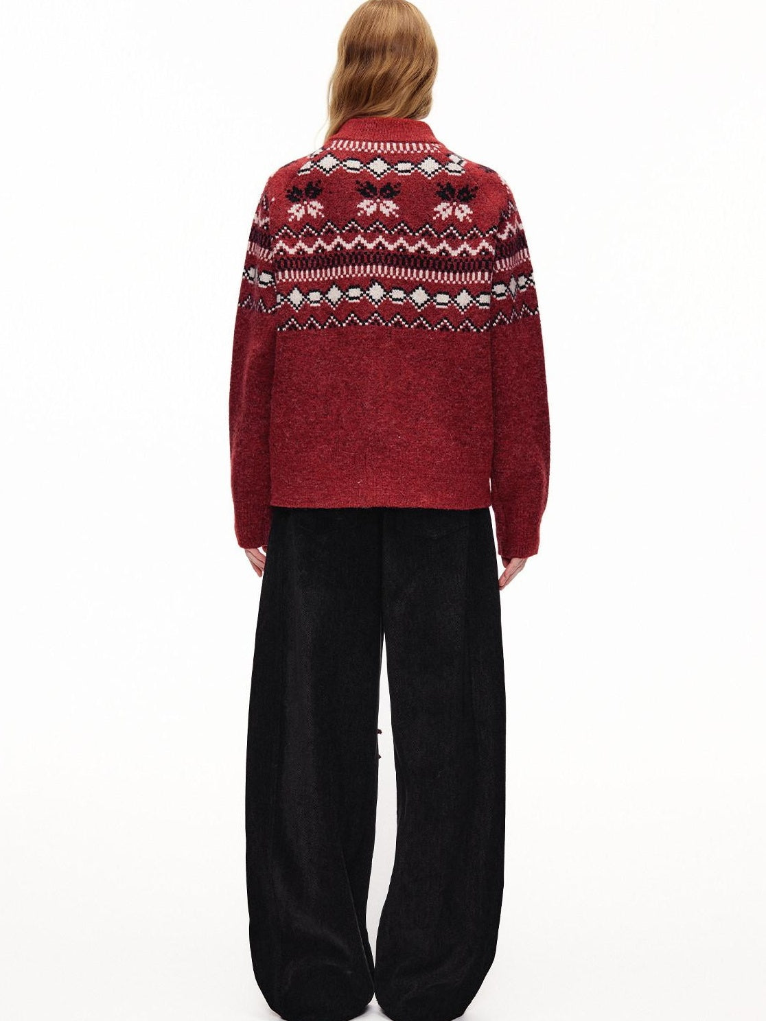 OuttheBlue Cozy Warm Relaxed Fit Jacquard High Neck Zipper Women Burgundy Knit Cardigans