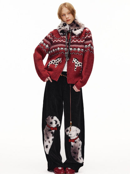 OuttheBlue Cozy Warm Relaxed Fit Jacquard High Neck Zipper Women Burgundy Knit Cardigans
