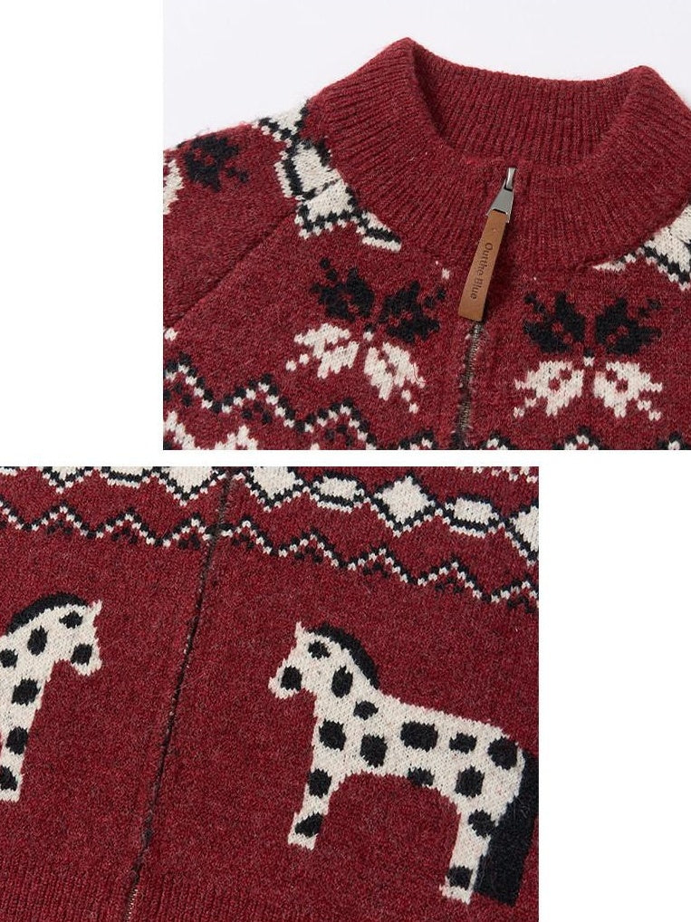 OuttheBlue Cozy Warm Relaxed Fit Jacquard High Neck Zipper Women Burgundy Knit Cardigans