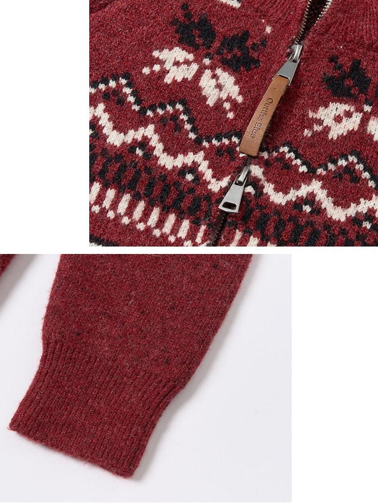 OuttheBlue Cozy Warm Relaxed Fit Jacquard High Neck Zipper Women Burgundy Knit Cardigans