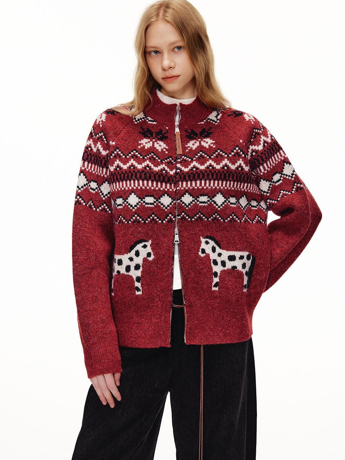 OuttheBlue Cozy Warm Relaxed Fit Jacquard High Neck Zipper Women Burgundy Knit Cardigans