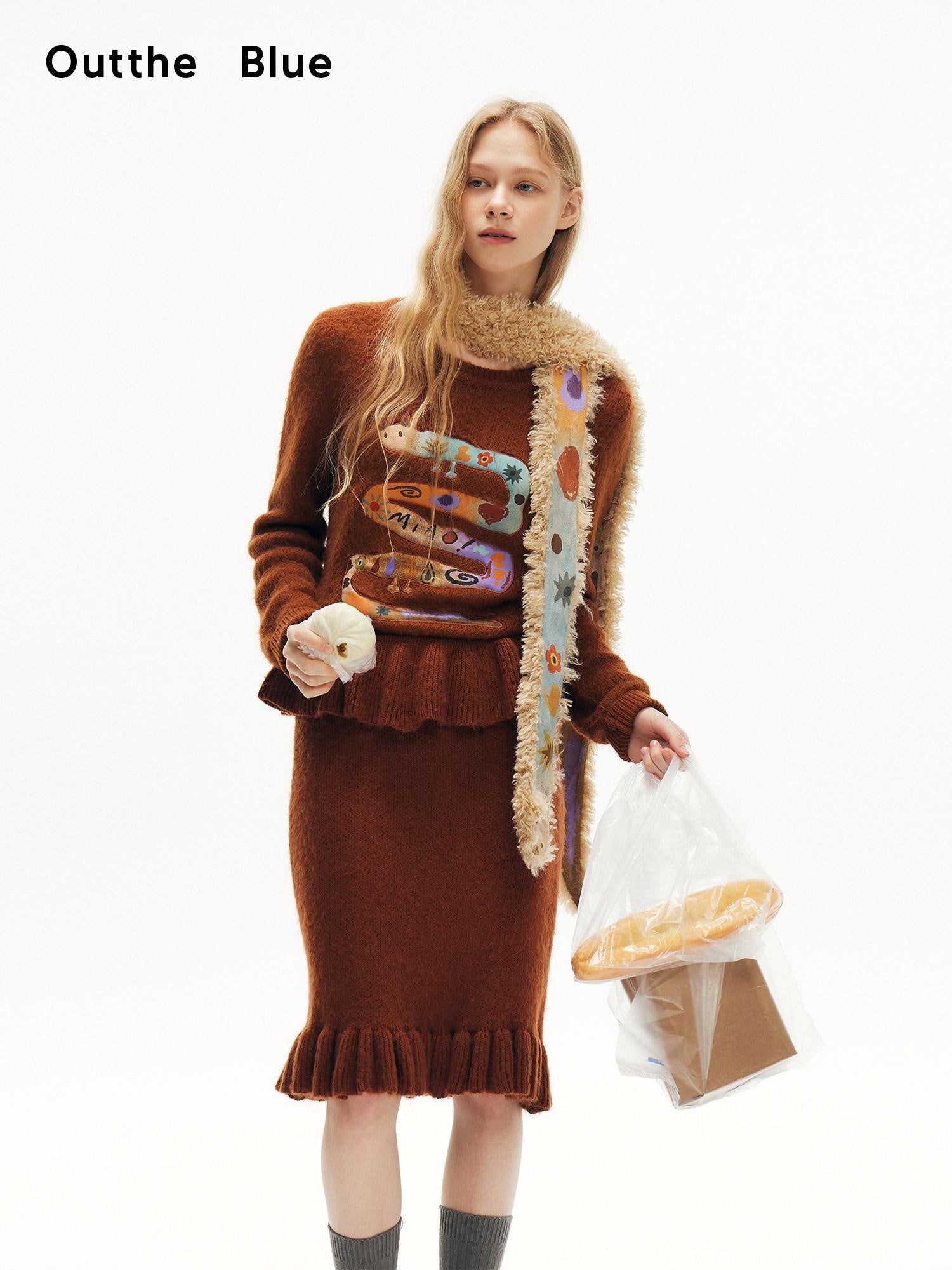 OuttheBlue Cozy Wool Blend Animal Print Relaxed Office Pullover Crop Top &amp; Skirt Sets