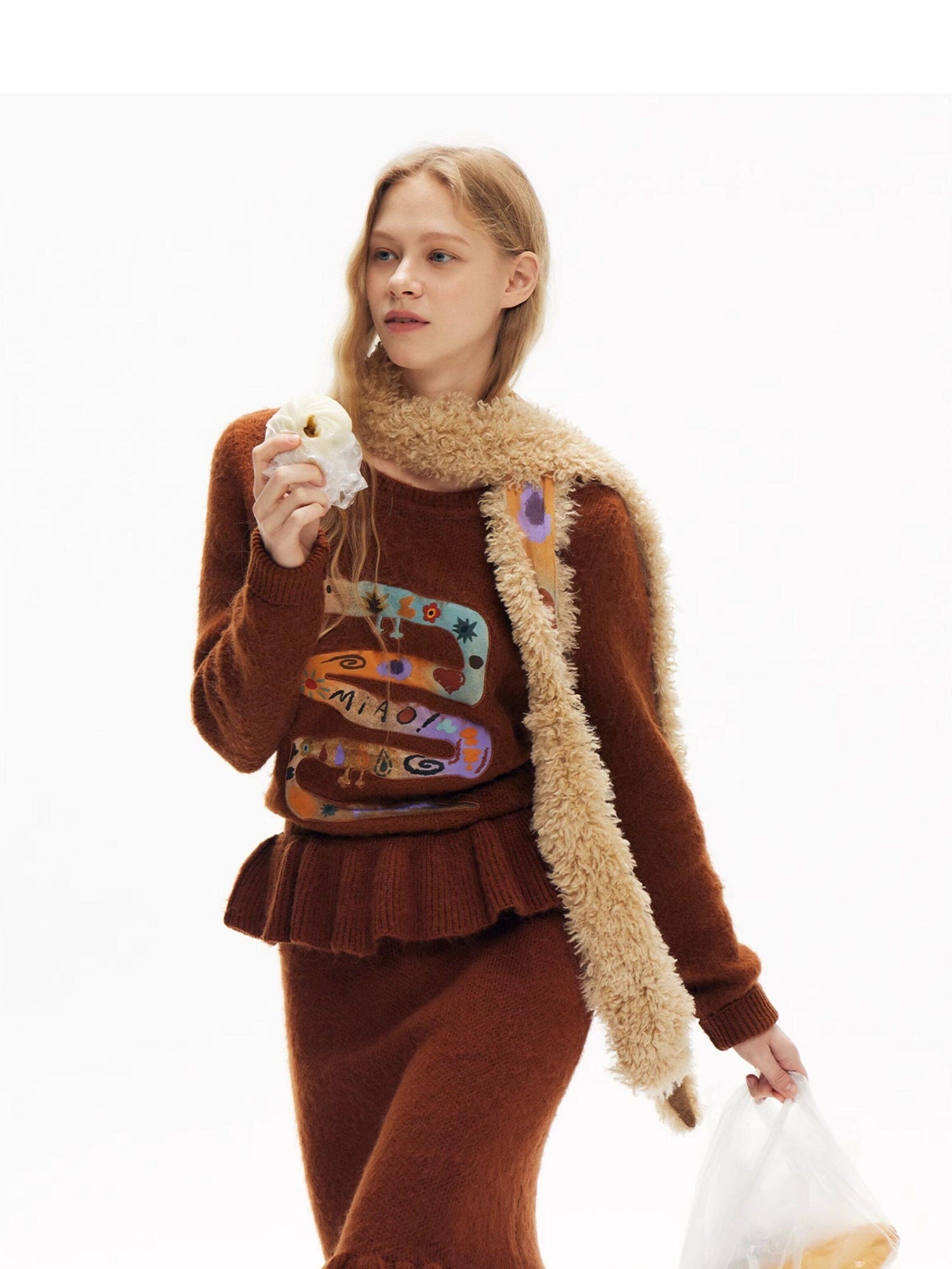 OuttheBlue Cozy Wool Blend Animal Print Relaxed Office Pullover Crop Top &amp; Skirt Sets