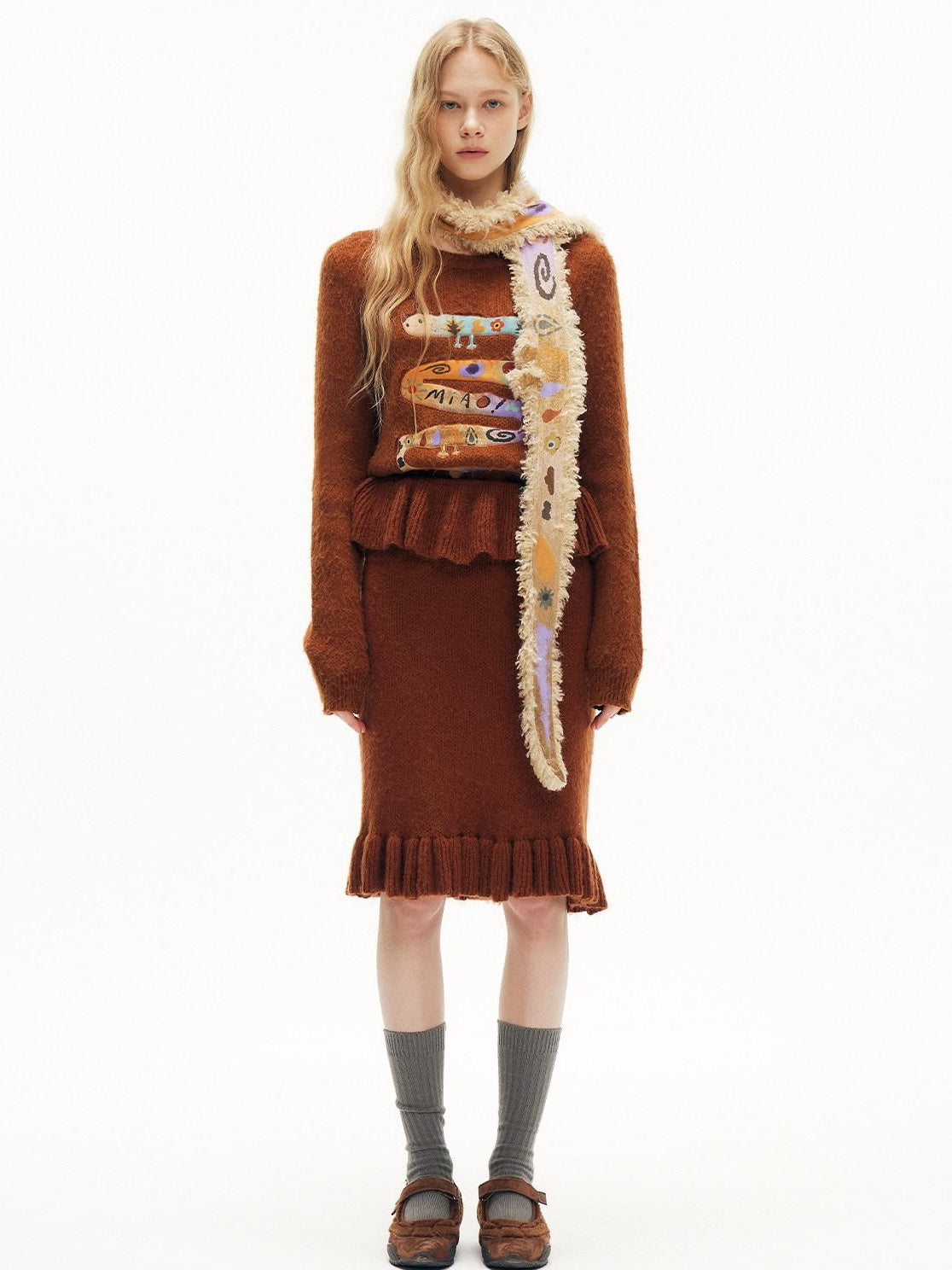 OuttheBlue Cozy Wool Blend Animal Print Relaxed Office Pullover Crop Top &amp; Skirt Sets