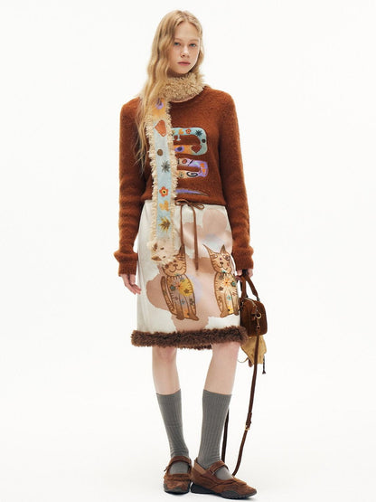OuttheBlue Cozy Wool Blend Animal Print Relaxed Office Pullover Crop Top &amp; Skirt Sets