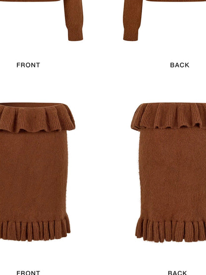 OuttheBlue Cozy Wool Blend Animal Print Relaxed Office Pullover Crop Top &amp; Skirt Sets