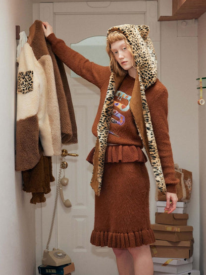 OuttheBlue Cozy Wool Blend Animal Print Relaxed Office Pullover Crop Top &amp; Skirt Sets