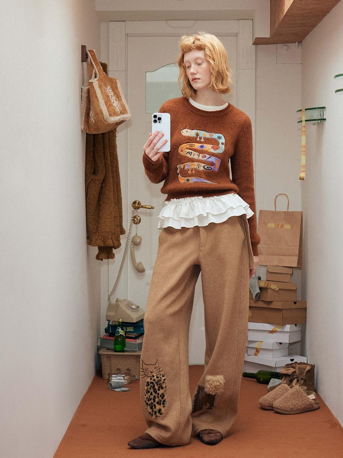 OuttheBlue Cozy Wool Blend Animal Print Relaxed Office Pullover Crop Top &amp; Skirt Sets