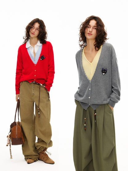 OuttheBlue Cozy Wool Blend Contrast Layered Look V-neck Button Front Women Knit Cardigans