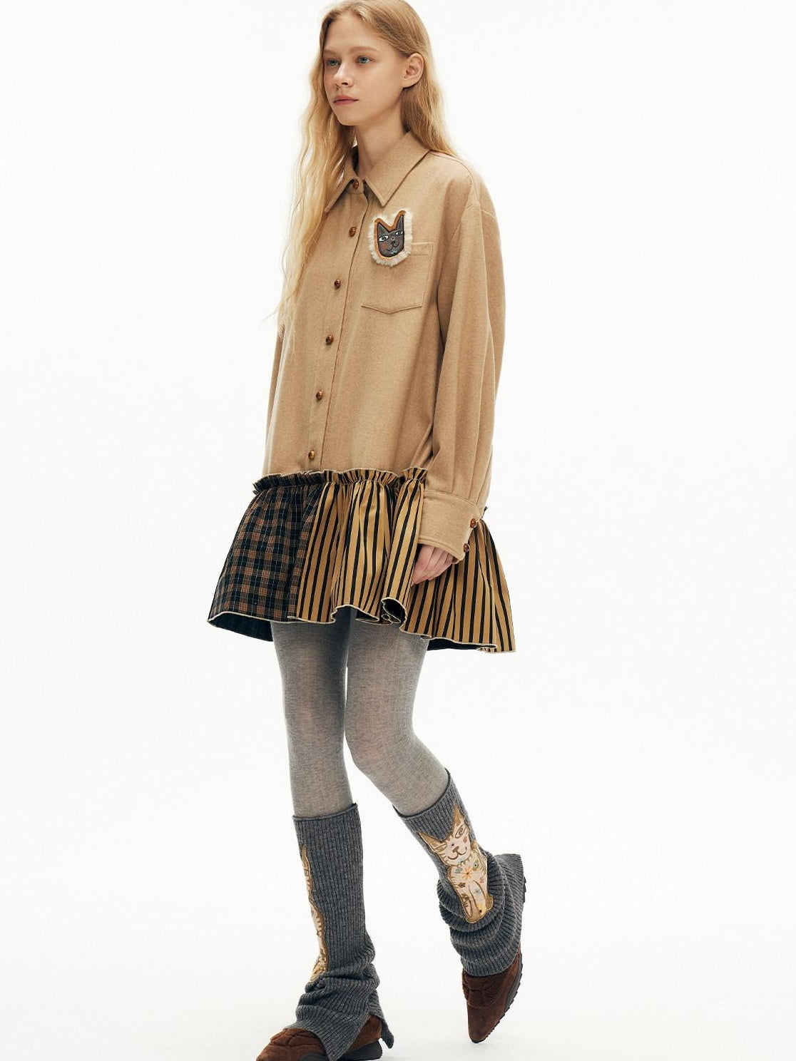 OuttheBlue Cozy Wool Blend Plaid A Line Dress Women Beige Camel Plaid Casual Mini Dresses