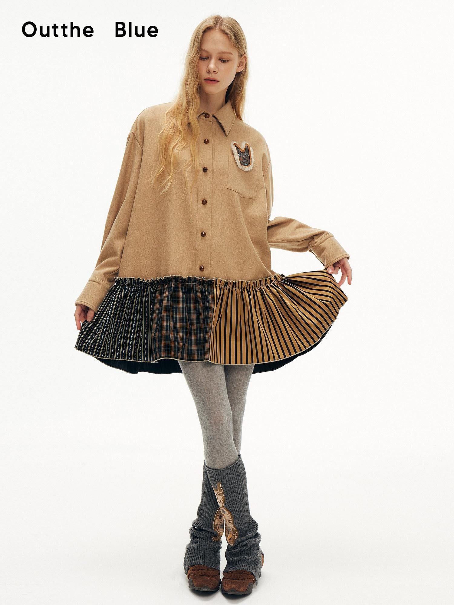 OuttheBlue Cozy Wool Blend Plaid A Line Dress Women Beige Camel Plaid Casual Mini Dresses