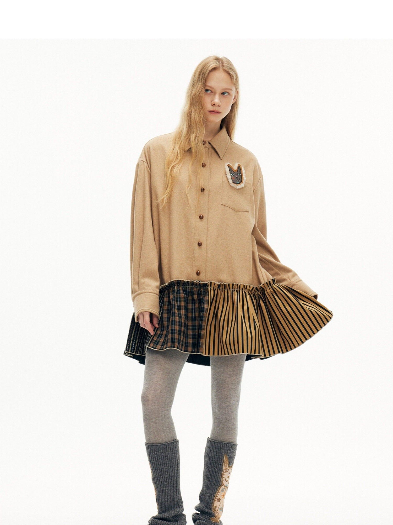 OuttheBlue Cozy Wool Blend Plaid A Line Dress Women Beige Camel Plaid Casual Mini Dresses