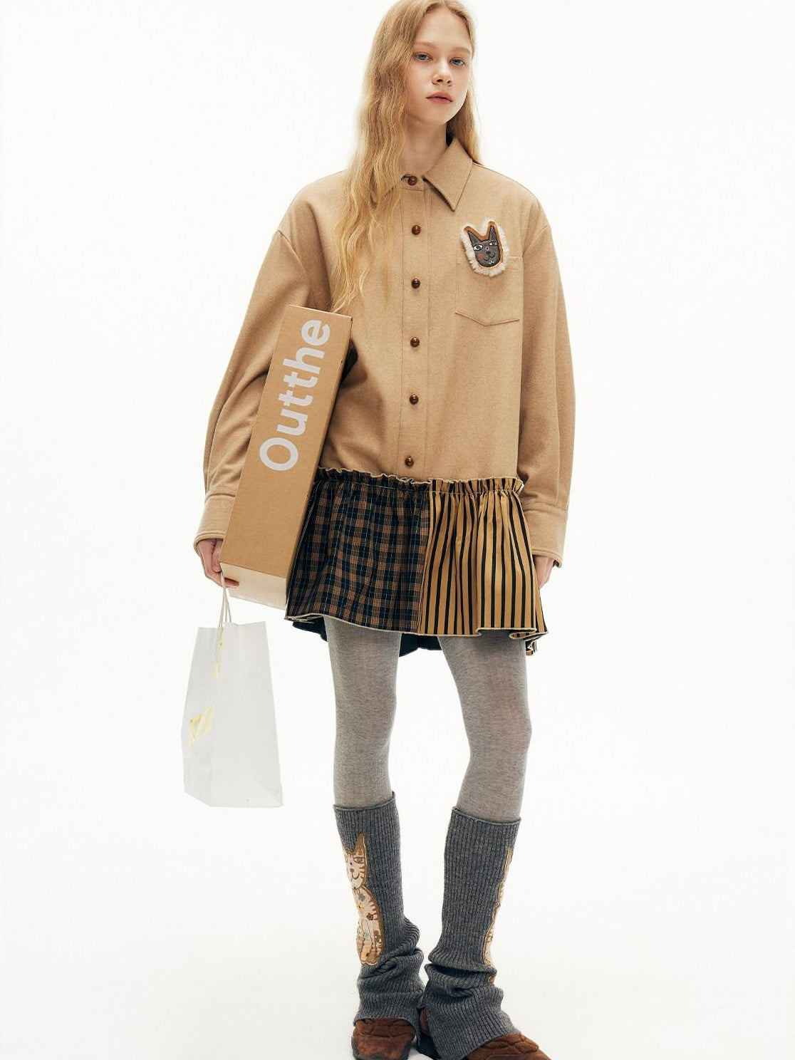 OuttheBlue Cozy Wool Blend Plaid A Line Dress Women Beige Camel Plaid Casual Mini Dresses