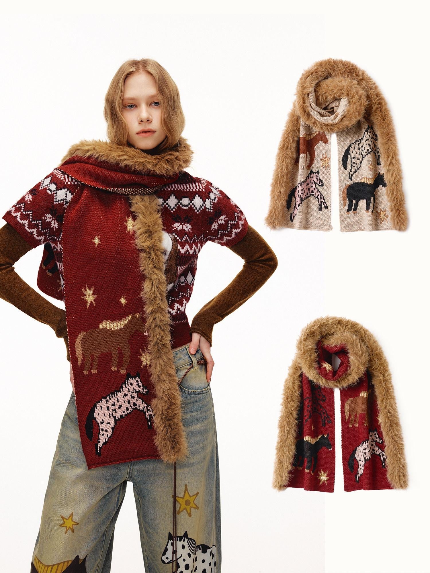 OuttheBlue Cozy Wool Blend Warm Neck Warmer Korean Style Unisex Animal Print Scarves