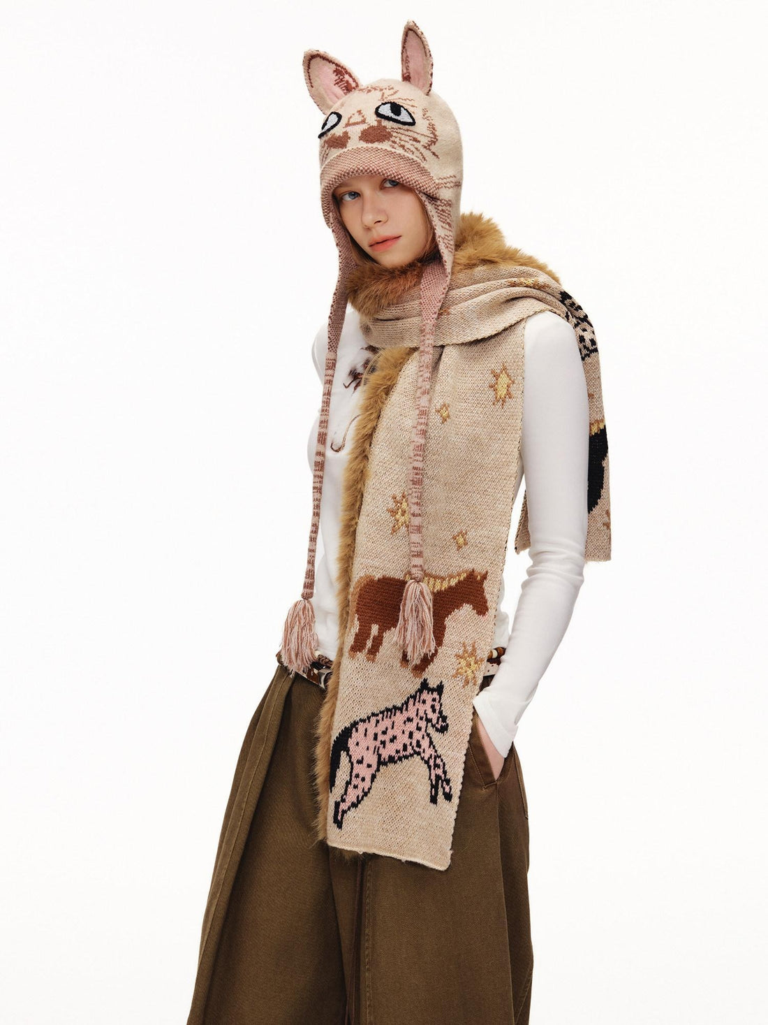 OuttheBlue Cozy Wool Blend Warm Neck Warmer Korean Style Unisex Animal Print Scarves